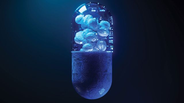 Blue drug capsule with lower half made from computer network and the upper half containing small human brains. 