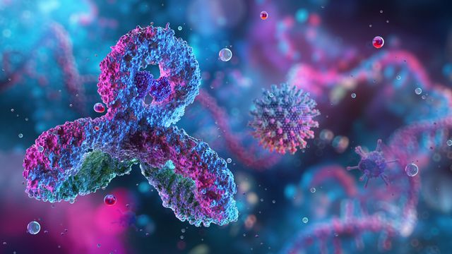 3D illustration of an antibody-drug conjugate (ADC) targeting cancer cells in a molecular environment. 