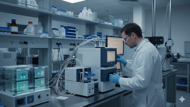 AI-generated image of an advanced proteomics lab with LC-MS, 2D gel electrophoresis, and MALDI-TOF for protein analysis. 