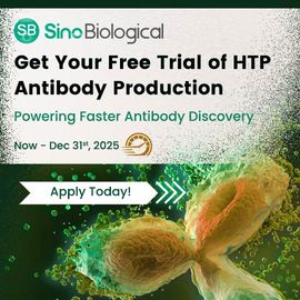 Sino Biological ad offering a free HTP antibody production trial until Dec 31, 2025, with “Apply Today” button 
