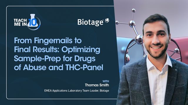 Thomas Smith smiling next to their presentation "From Fingernails to Final Results: Optimizing Sample-Prep for Drugs of Abuse and THC-Panels". 
