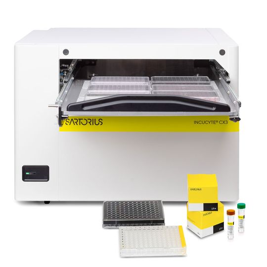 Sartorius Incucyte CX3 Live-Cell Analysis System with plates and reagents for real-time cellular imaging and monitoring. 