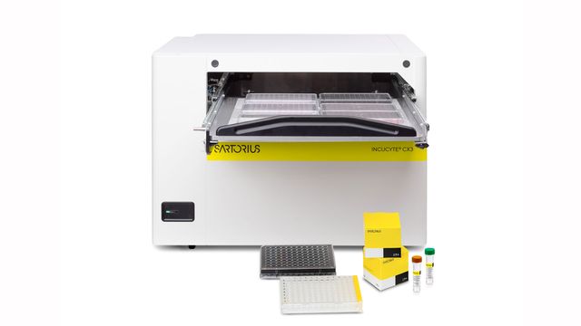 Sartorius Incucyte CX3 Live-Cell Analysis System with plates and reagents for real-time cellular imaging and monitoring. 