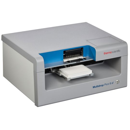 Automated reagent dispenser (Thermo Scientific Multidrop Pico 8 sf) with a microplate on the tray 