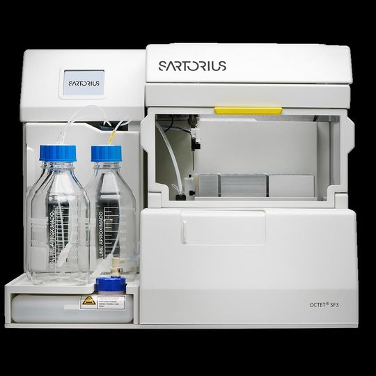 Laboratory instrument with "Sartorius" branding, featuring two reagent bottles and the Octet® SF3 system 