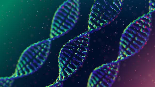 Colorful pattern of DNA strands interwoven in a complex structure 