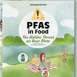 Illustrated infographic showing sources of PFAS in food and how they can be detected. Text reads: PFAS in your food. The hidden threat on your plate. 
