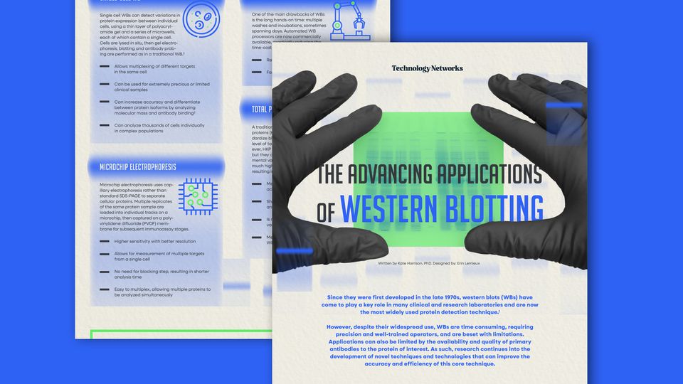 Gloved hands framing a western blot image on an infographic. Text reads: The Advancing Applications of Western Blotting