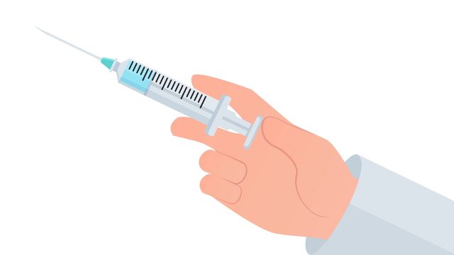 Illustration of a hand holding a syringe with a needle, representing medical injections or vaccinations. 