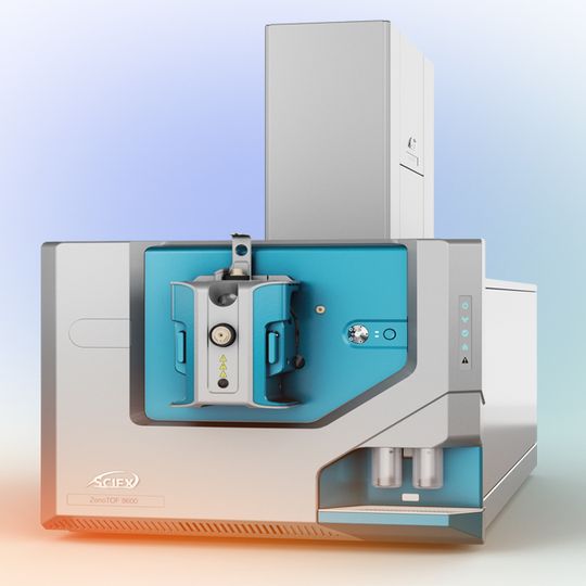 SCIEX ZenoTOF 8600 mass spectrometer with a sleek silver and blue design is shown against a soft gradient background. 
