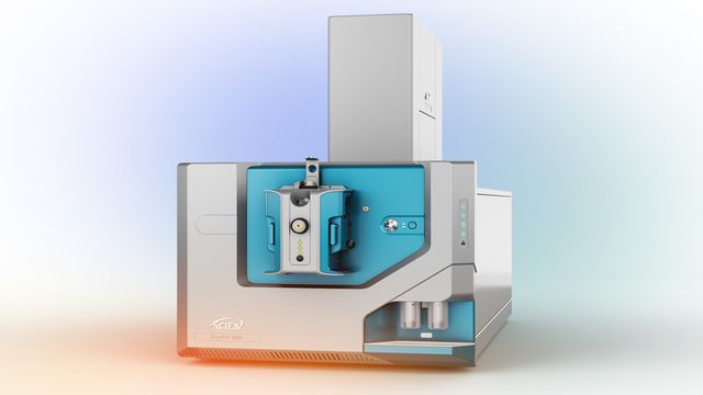 SCIEX ZenoTOF 8600 mass spectrometer with a sleek silver and blue design is shown against a soft gradient background. 
