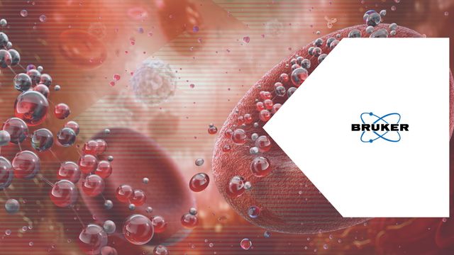 3D illustration of blood cells and molecular structures highlighting biomarker research, with Bruker logo. 